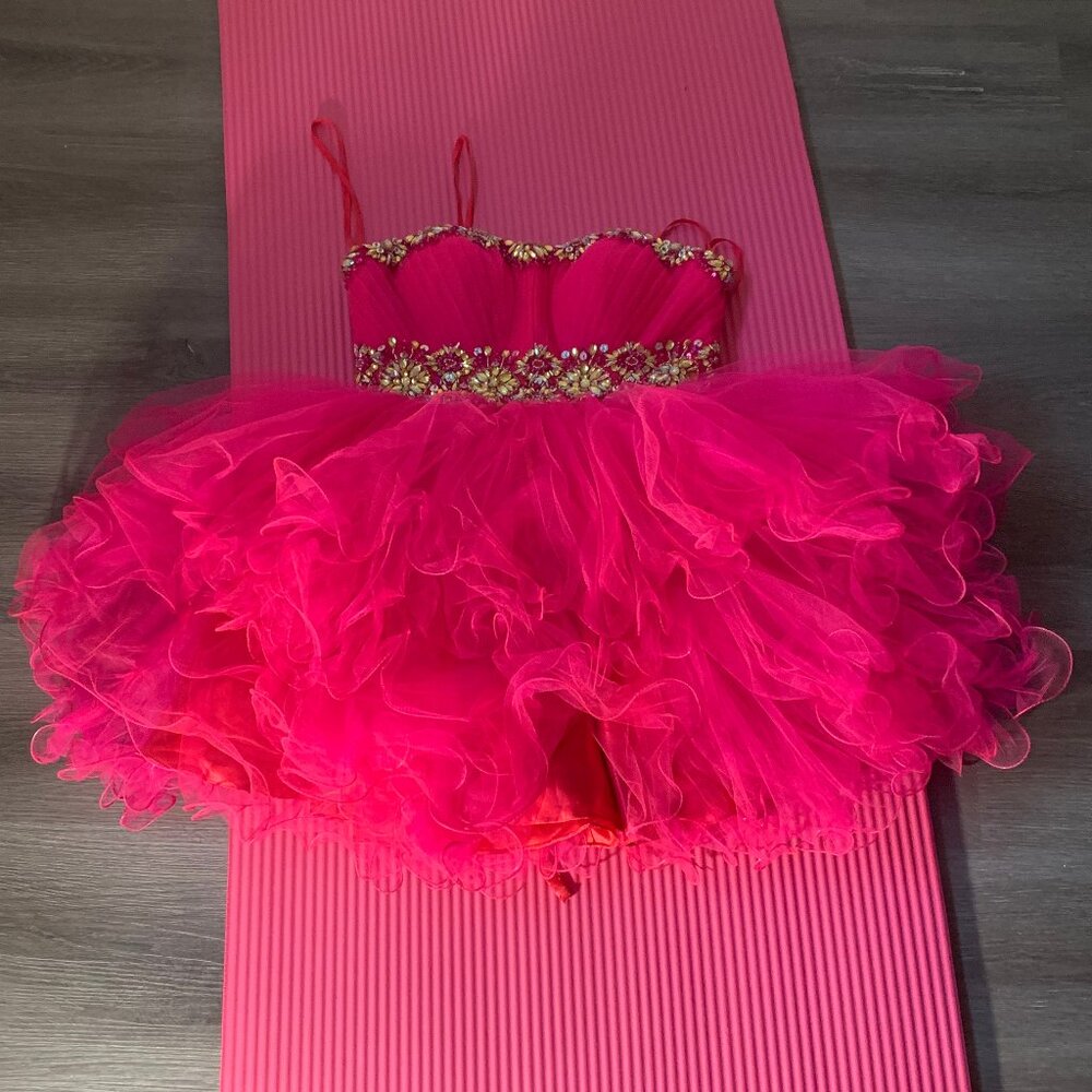 Hot Pink Rhinestone Tulle Prom Dress | Embellished Bodice | Formal Gown